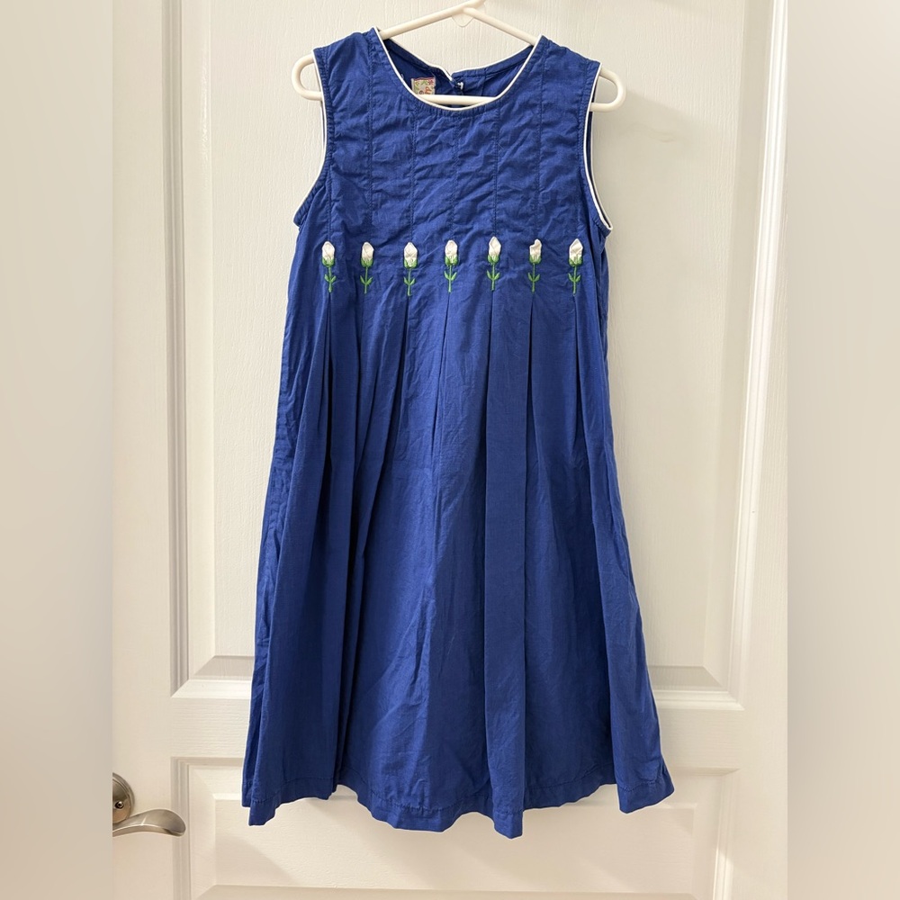 Blue Sleeveless Kids Dress with Floral Embroidery